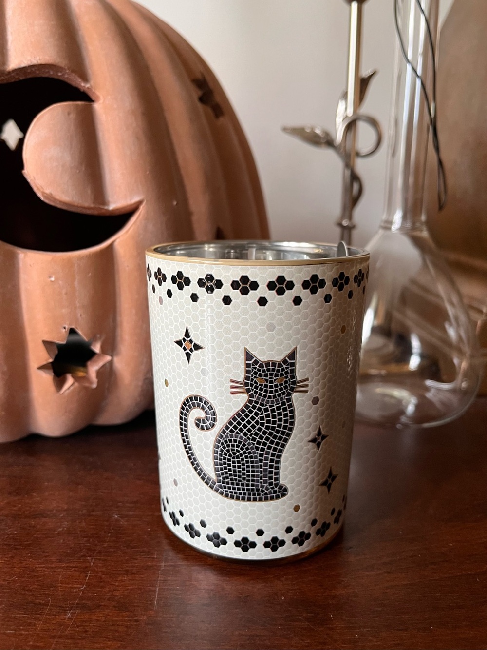 Mosaic Tile Pattern Design Glass Candle with Cat Detail • Witching Hour